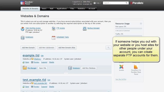 Parallels Plesk Panel: FTP Accounts