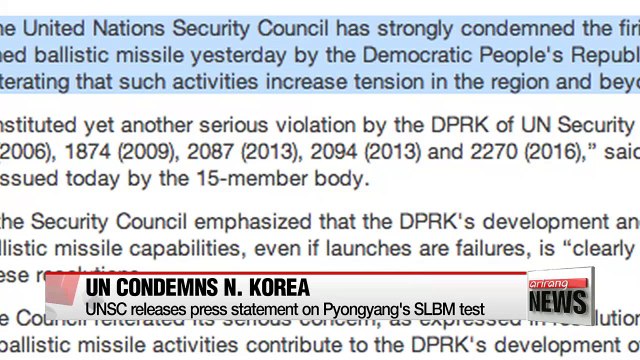 UN Security Council condemns N. Korea's SLBM test