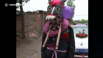 Groom's parents dress up as donkeys to pull wedding car