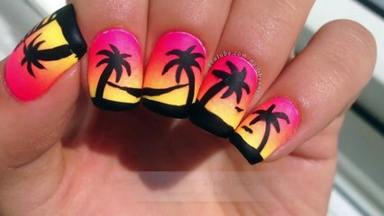 Easy Neon Gradient and Palm Tree Nail Art
