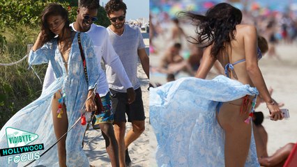 Victoria's Secret Model Shanina Shaik's Dress blows in the Wind
