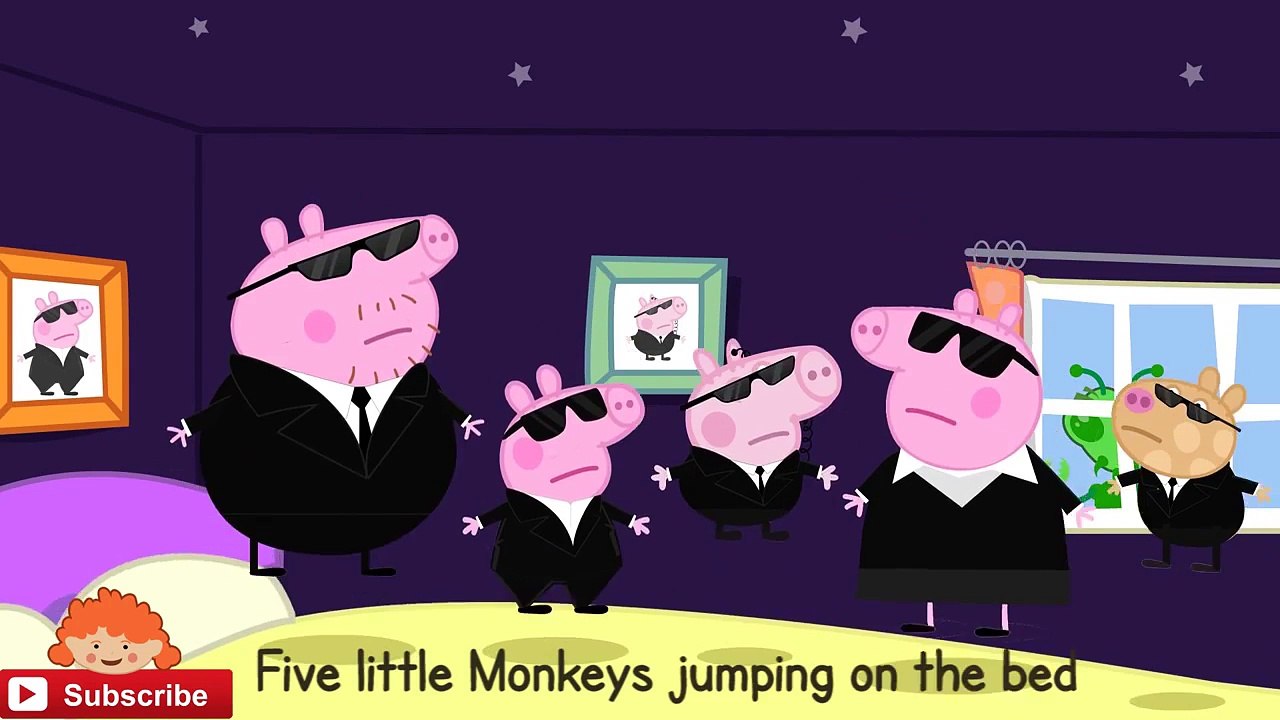 5 Little Peppa Pig family men in black costumes jumping on the bed   Nursery rhymes Peppa pig song