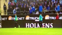 Malmo sub Tobias Sana throwing the corner flag into the IFK Goteborg fans after they threw a banger at him