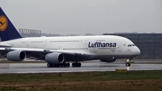 [HEAVY RAIN] Lufthansa A380 | D AIMK | Takeoff and landing Hamburg Finkenwerder