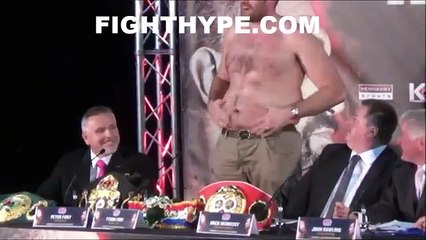 TYSON FURY RIPS OFF SHIRT, SHOWS OFF BELLY FAT, AND TELLS KLITSCHKO YOU LET A FAT MAN BEAT YOU