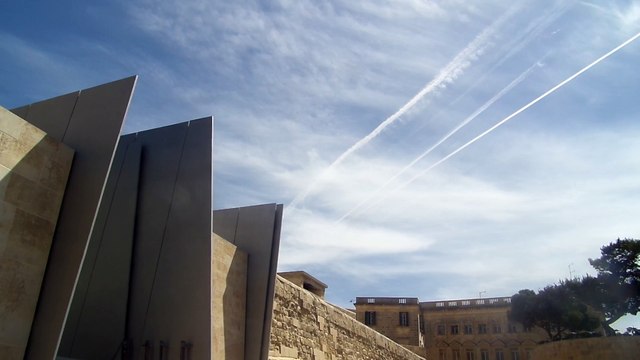Chemtrails over the Malta Parliament, April 15th, 2016 time 12.45