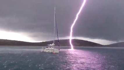 Lightning Strikes Near Boat