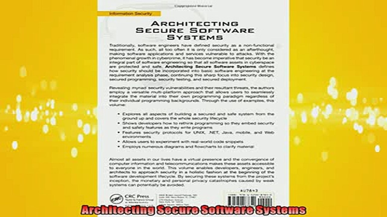 FREE DOWNLOAD  Architecting Secure Software Systems  FREE BOOOK ONLINE
