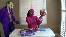 GIANT GUMMY HANDS PINK SPIDERGIRL VS JOKER GIANT CANDY SUPERHERO IN REAL LIFE IRL