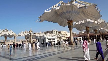 Prophet's Mosque daytime scene when they open their umbrellas are beautiful