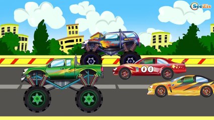 ✔ Monster Trucks with Sport Cars Race / Police Car and Tractor / New Cartoons Compilation ✔
