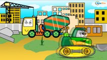 Car Cartoons. Bulldozer. Heavy Vehicles - Excavator, Cement Mixer & Truck on the Construction Site