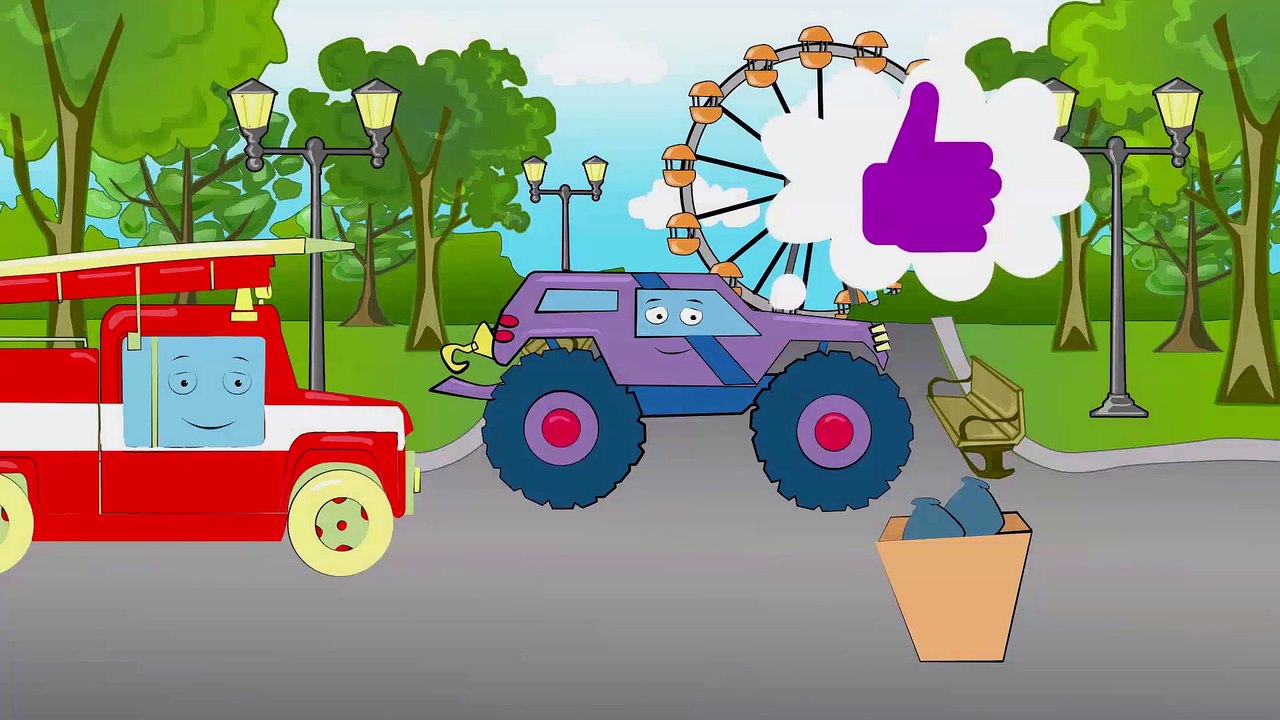 Car Cartoons. Monster Truck with Racing Car. Emergency Vehicles