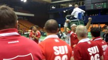 The Swiss Davis Cup Team celebrates their win over Serbia in Davis Cup