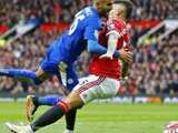 Man Utd v Leicester - Riyad Mahrez fouled by Marcos Rojo in the penalty area suggests picture