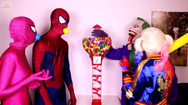 Spiderman & Pink Spidergirl vs Joker! w Bubble Gums! Superhero Fun in Real Life ) [HD, 720p]