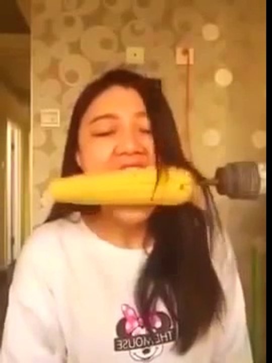 Crazy Chinese Girl Eating Corn with Drill Machine Challenge and Hair lost -1