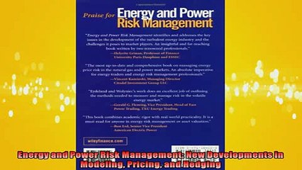 EBOOK ONLINE  Energy and Power Risk Management New Developments in Modeling Pricing and Hedging  FREE BOOOK ONLINE