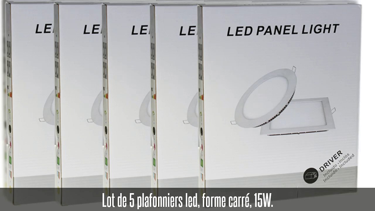 Lot 5 plafonniers led 15W, carrés, blanc chaud