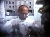 Apollo 11 Lunar Module pilot Buzz Aldrin puts ham spread on a slice of bread