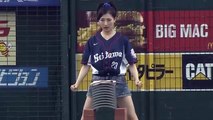 Rina Takeda smashes blocks with head, throws out first pitch