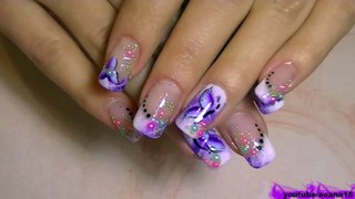 Ombre white and purple  Nail Art  Tutorial! flower,butterfly and pretty pearls