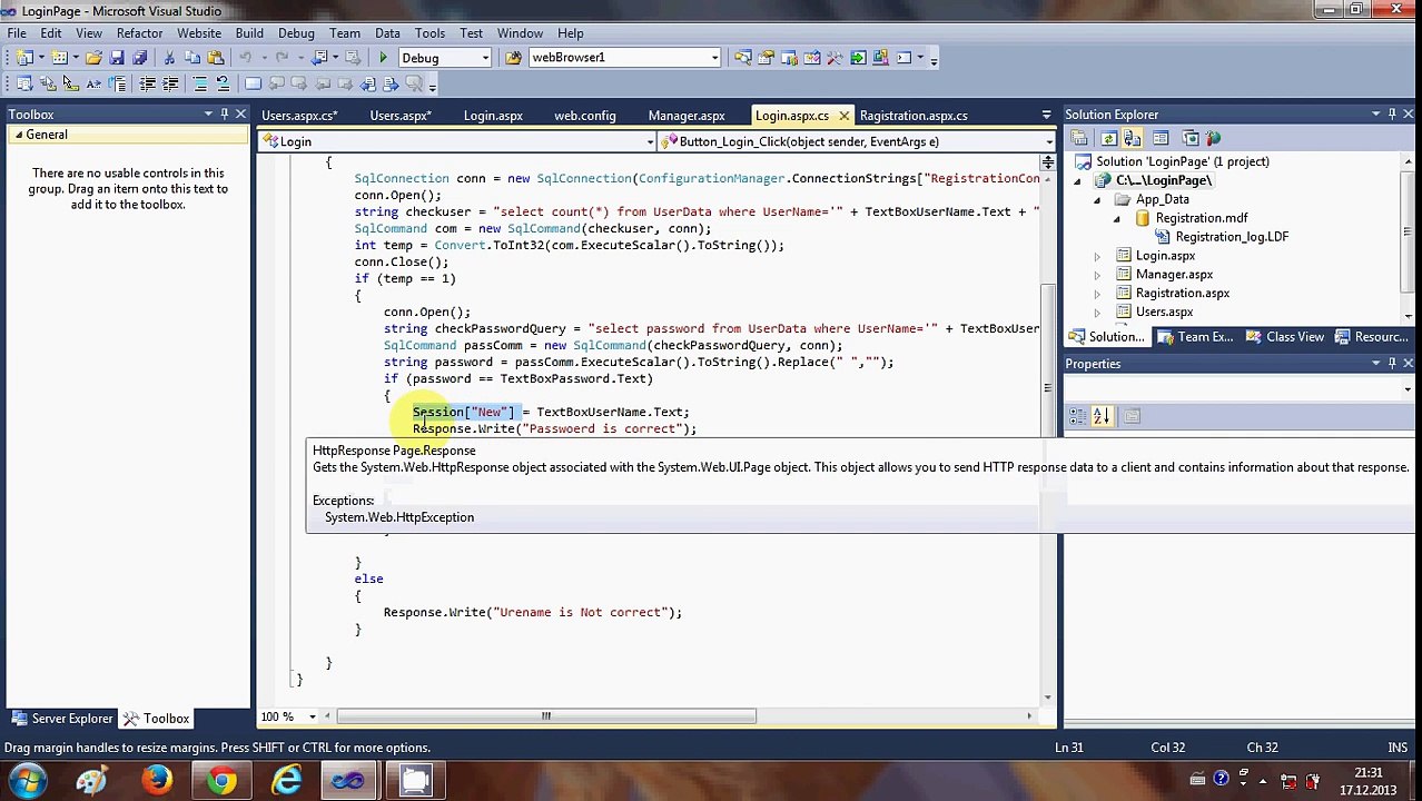 ASP.NET Tutorial 7- Create a Login website -  Creating Sessions and Secure Logins