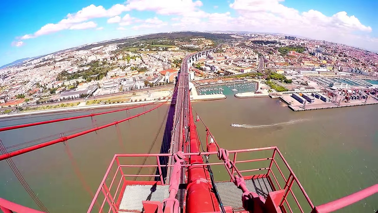 Lisbon, Portugal - 25 De Abril Bridge POV climb