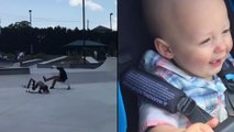 Un bébé se moque quand une trottinette et un skateur se percute !