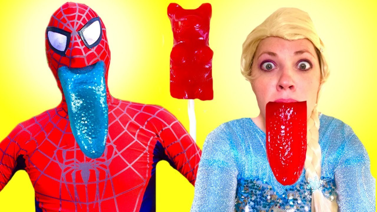 Spiderman & Frozen Elsa Vs Joker! Elsa Gets a Giant Gummy Joker Tongue! Fun Superhero in Real Life (720p)
