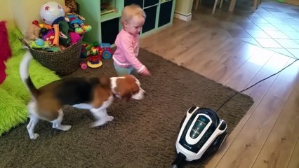 Baby Teaches Dog to use Hoover