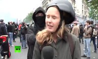 France anti-labor protester wacks RT reporter upside head during as live - YouTube