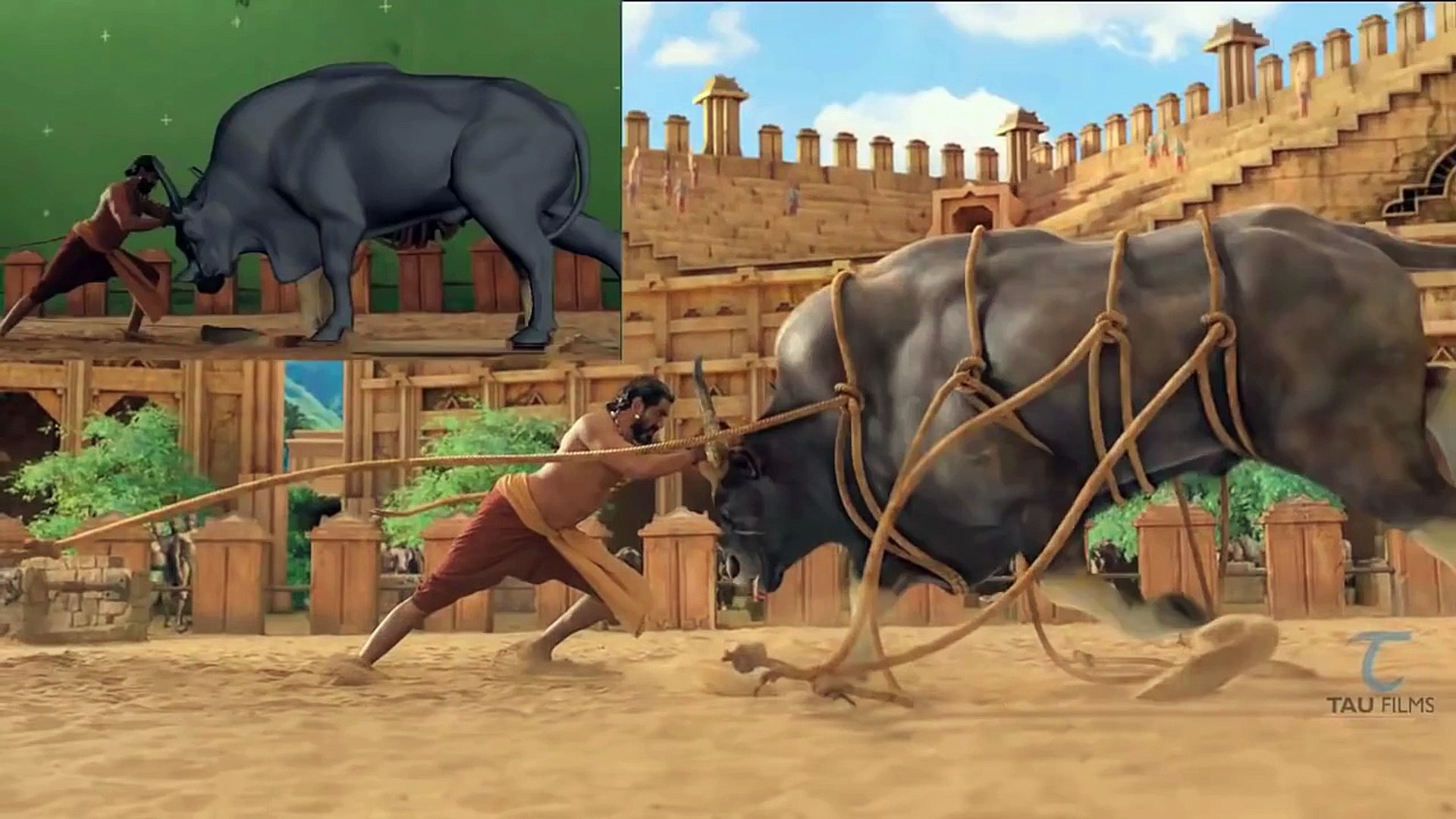 ⁣Making of Bahubali 2 VFX -- Bhallaladeva’s(Rana) bull fight sequence VFX Breakdown --HD 720p