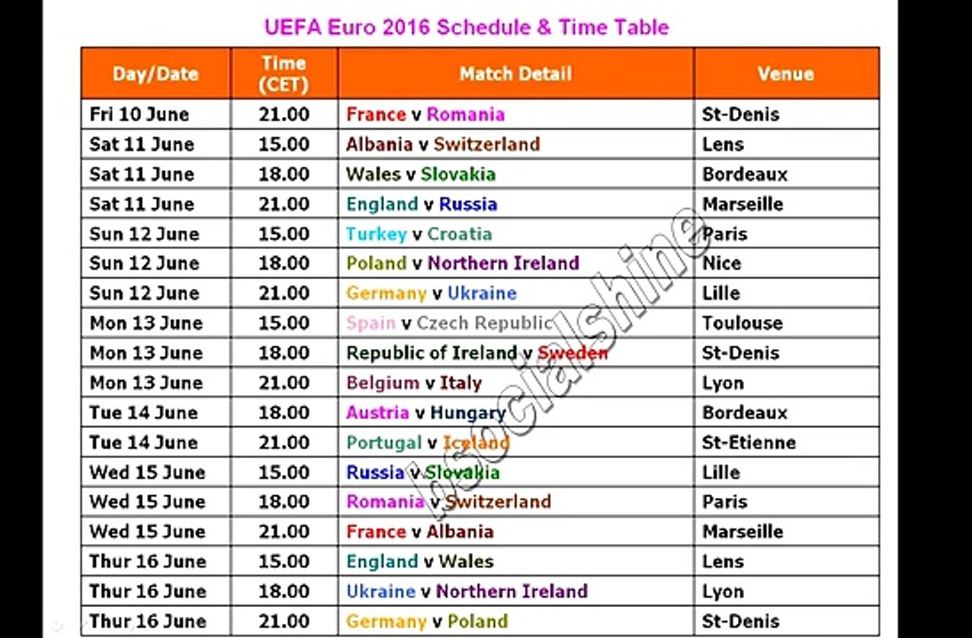 Uefa Euro 2016 Schedule Time Table Video Dailymotion