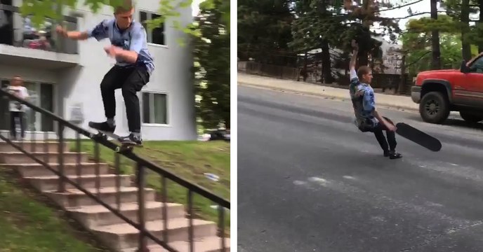 Un skateur évite un accident avec un voiture