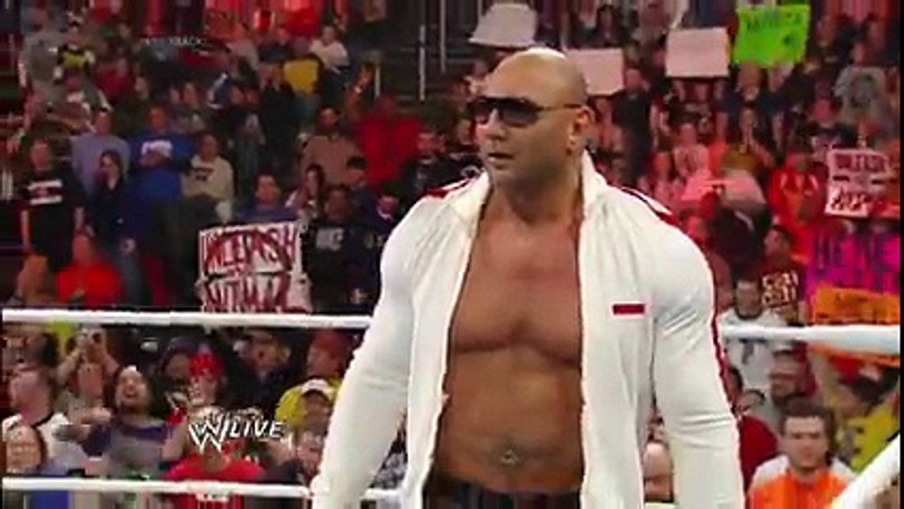 Batista returns and declares he's after Randy Orton's WWE World Heavyweight Title- Raw