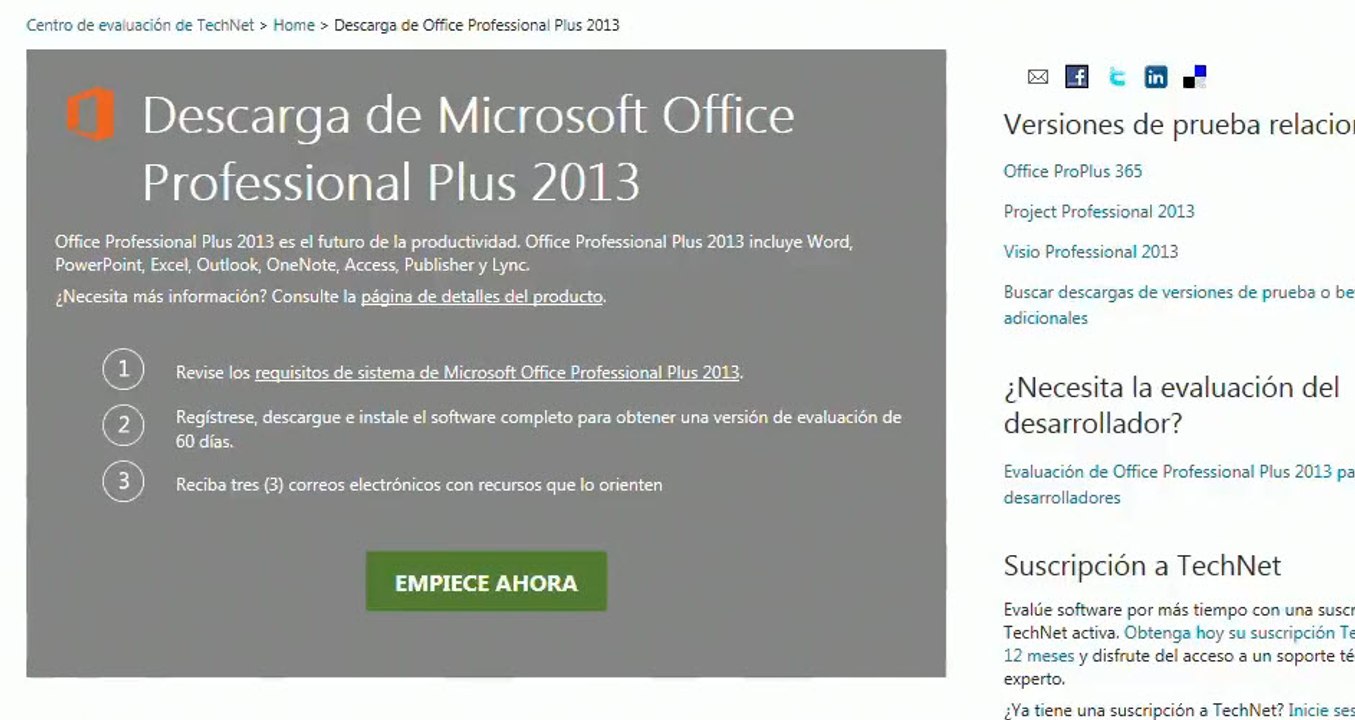 Cómo descargar y solicitar la clave de prueba de Office Professional Plus 2013
