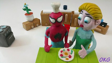 Pizza For Love! PlAy DOh Elsa Frozen Spiderman Stop Motion Animation For Kids