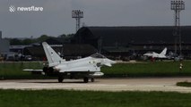 Rear tyres fail on RAF jet fighter as it takes off