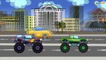 Monster Trucks Race. Police Car, Ambulance, Fire Truck - Emergency Vehicles Cartoons for children