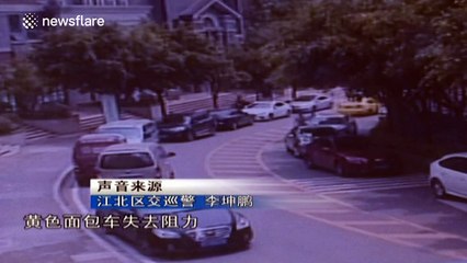 Minibus slides down hill and damages three cars