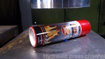 Crushing small fire extinguisher with hydraulic press