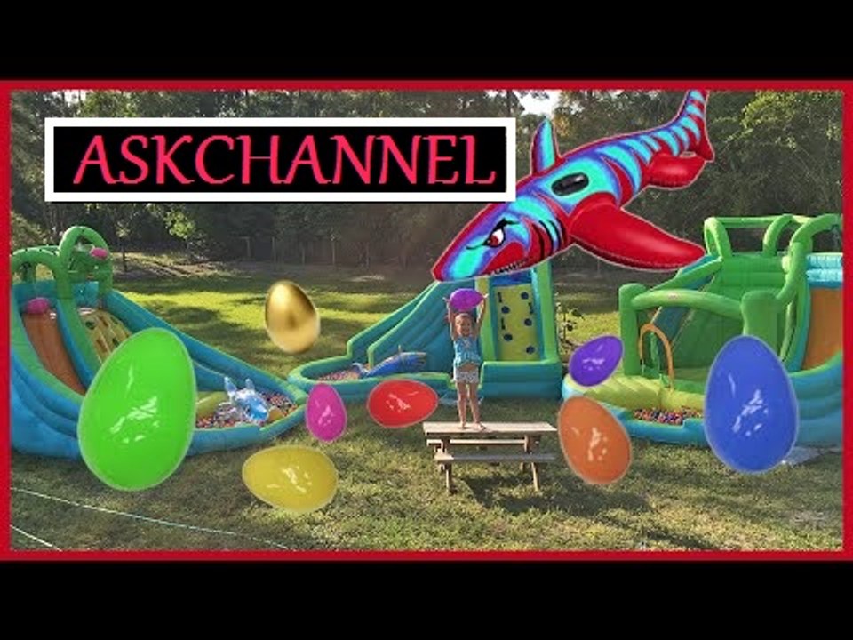 HUGE SURPRISE EGGS HUNT on Giant Inflatable Water Slide Golden Egg Surprises Shark Frozen Elsa Ariel 2016