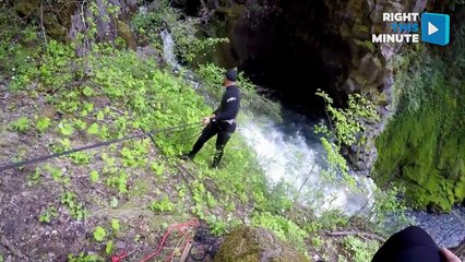 Canyoneering Adventurers Backflip Off Waterfall