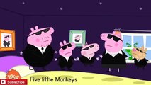 5 Little Peppa Pig family men in black costumes jumping on the bed   Nursery rhymes song