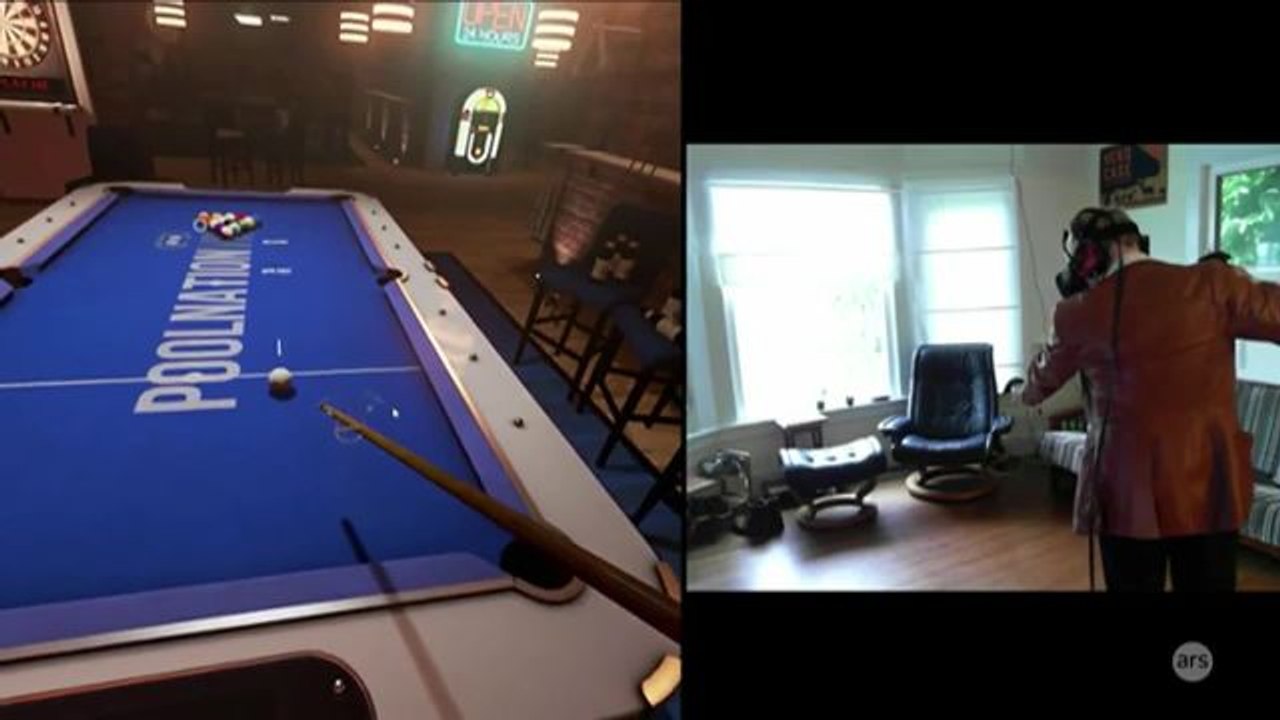 Sam plays virtual pool (and virtual darts) in a virtual bar (PoolNation VR)