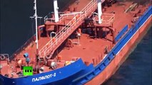 Aerial footage: Russian tanker on fire in Caspian Sea