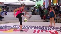 Girl playing stunt with football in live show