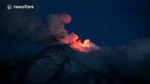 Beautiful Mount Etna volcano eruption at night