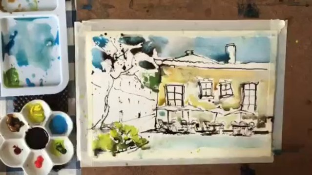 Watercolor Cafe Painting in Rhonda Spain- by Chris Petri